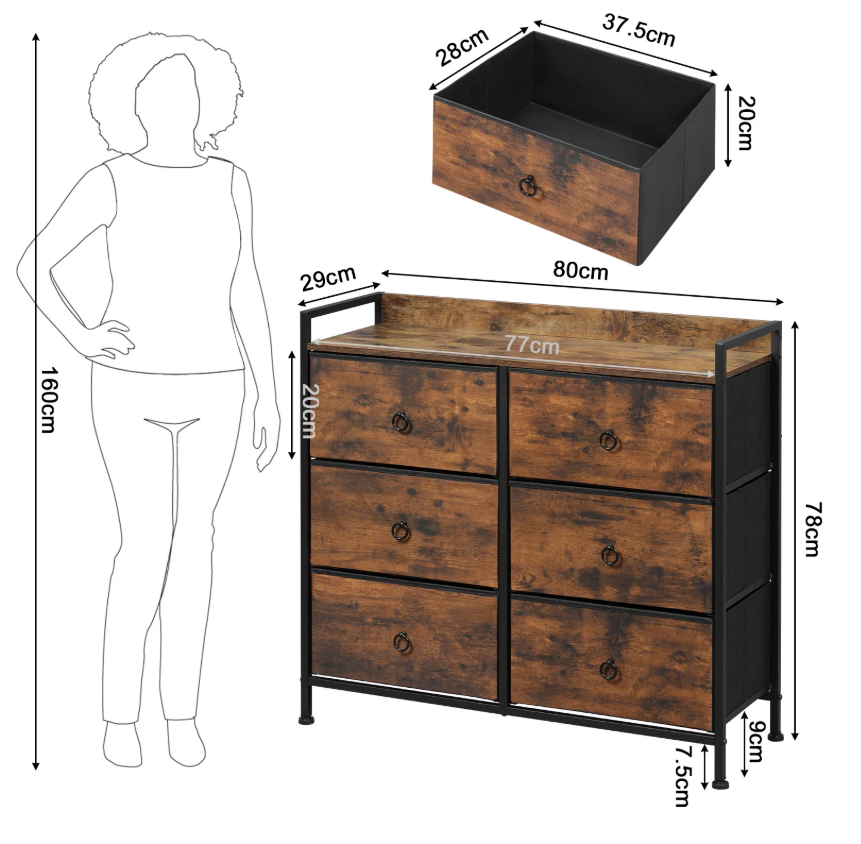 Dressoir / Ladekast met 6 Stoffen Lades – Rustiek Bruin en Zwart