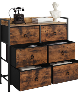 Dressoir / Ladekast met 6 Stoffen Lades – Rustiek Bruin en Zwart