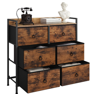 Dressoir / Ladekast met 6 Stoffen Lades – Rustiek Bruin en Zwart