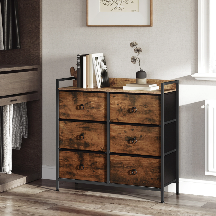 Dressoir / Ladekast met 6 Stoffen Lades – Rustiek Bruin en Zwart