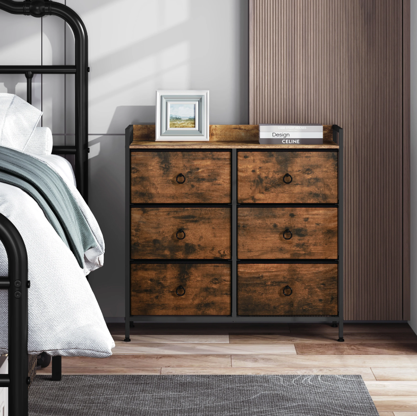 Dressoir / Ladekast met 6 Stoffen Lades – Rustiek Bruin en Zwart
