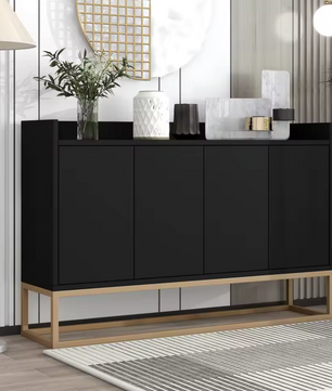 Modern Design Dressoir – Minimalistische 4-Deurs Handloze Buffetkast – Zwart