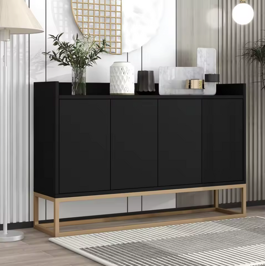 Modern Design Dressoir – Minimalistische 4-Deurs Handloze Buffetkast – Zwart