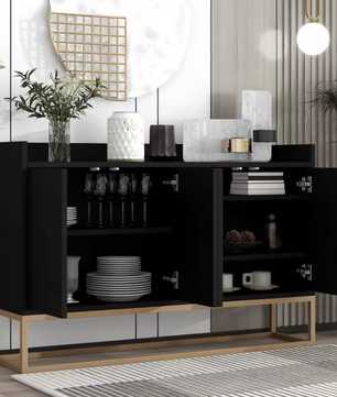 Modern Design Dressoir – Minimalistische 4-Deurs Handloze Buffetkast – Zwart