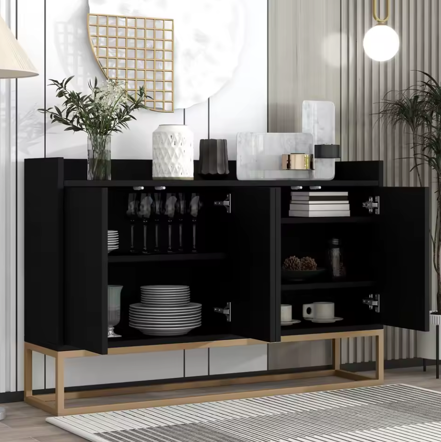 Modern Design Dressoir – Minimalistische 4-Deurs Handloze Buffetkast – Zwart