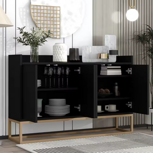 Modern Design Dressoir – Minimalistische 4-Deurs Handloze Buffetkast – Zwart