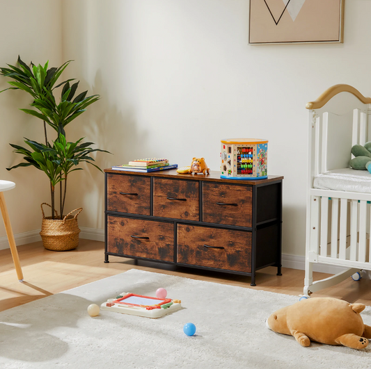 Dressoirkast met 5 Stoffen Laden – Opbergkast met Stalen Frame – 100×30×53cm