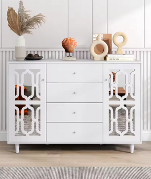 Klassieke Stijl Dressoir met 4 Laden en Deuren – Wit – 147,5x40x102cm