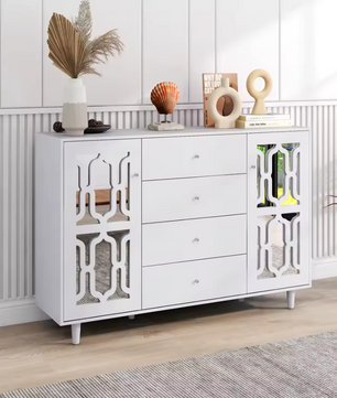 Klassieke Stijl Dressoir met 4 Laden en Deuren – Wit – 147,5x40x102cm