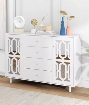 Klassieke Stijl Dressoir met 4 Laden en Deuren – Wit – 147,5x40x102cm