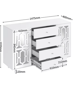 Klassieke Stijl Dressoir met 4 Laden en Deuren – Wit – 147,5x40x102cm