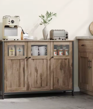 Industrieel Dressoir met Glazen Deuren – 100x35x75 cm – Landelijke Woonstijl
