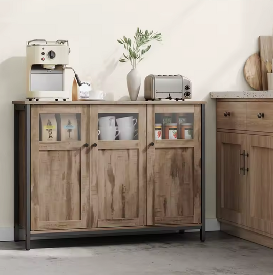 Industrieel Dressoir met Glazen Deuren – 100x35x75 cm – Landelijke Woonstijl