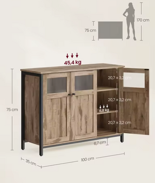 Industrieel Dressoir met Glazen Deuren – 100x35x75 cm – Landelijke Woonstijl