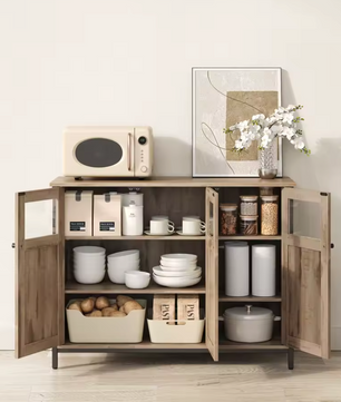 Industrieel Dressoir met Glazen Deuren – 100x35x75 cm – Landelijke Woonstijl