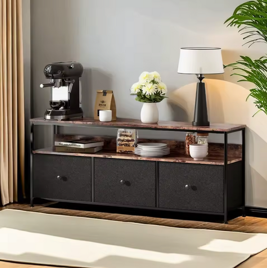 Multifunctioneel Dressoir met PU-Stoflades en LED-Verlichting – Zwart en Vintage bruin