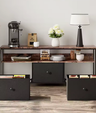 Multifunctioneel Dressoir met PU-Stoflades en LED-Verlichting – Zwart en Vintage bruin