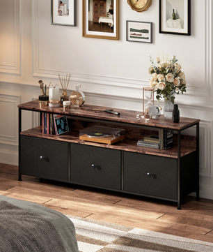 Multifunctioneel Dressoir met PU-Stoflades en LED-Verlichting – Zwart en Vintage bruin