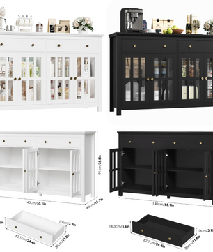 Dressoir 140 cm – Keukenkast met 2 Laden en 4 Glazen Deuren – Zwart of Wit