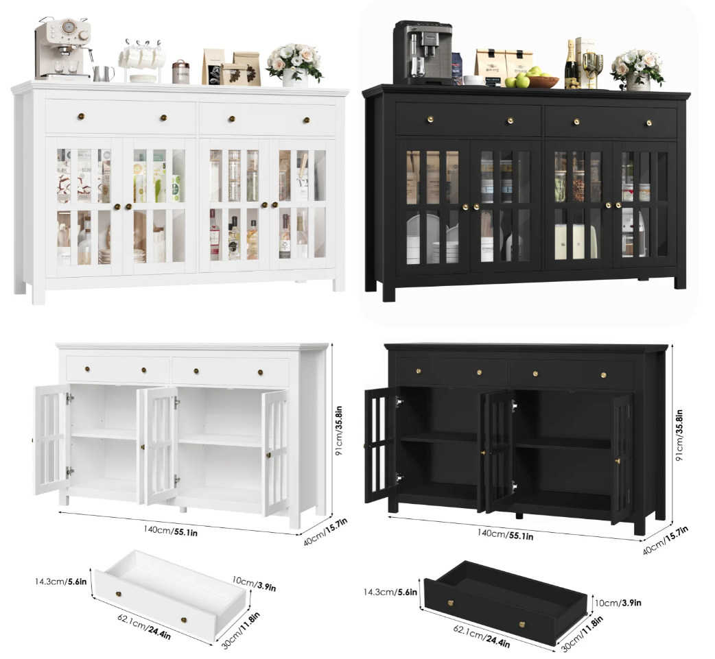 Dressoir 140 cm – Keukenkast met 2 Laden en 4 Glazen Deuren – Zwart of Wit