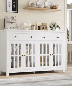 Dressoir 140 cm – Keukenkast met 2 Laden en 4 Glazen Deuren – Zwart of Wit