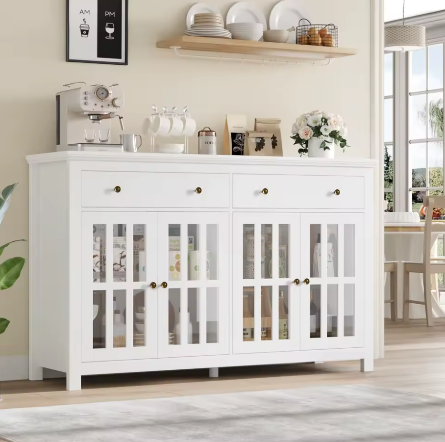 Dressoir 140 cm – Keukenkast met 2 Laden en 4 Glazen Deuren – Zwart of Wit