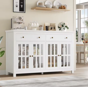 Dressoir 140 cm – Keukenkast met 2 Laden en 4 Glazen Deuren – Zwart of Wit