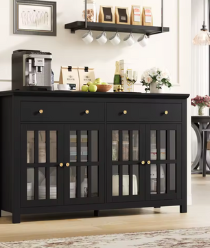 Dressoir 140 cm – Keukenkast met 2 Laden en 4 Glazen Deuren – Zwart of Wit