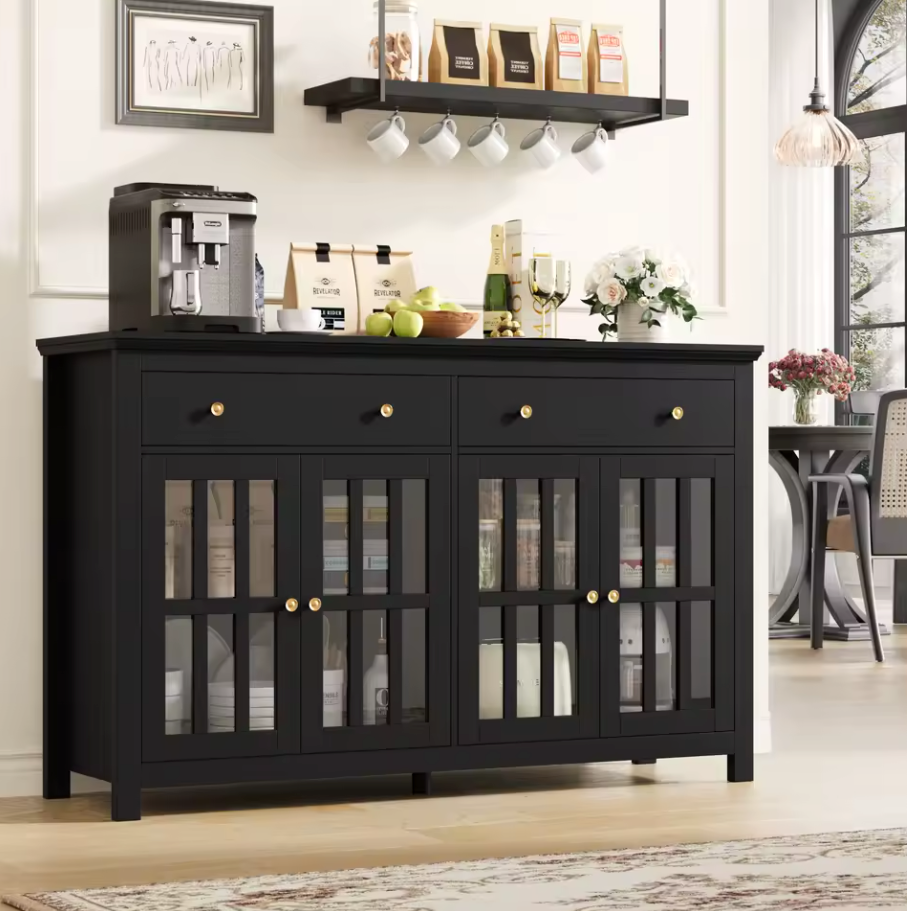 Dressoir 140 cm – Keukenkast met 2 Laden en 4 Glazen Deuren – Zwart of Wit
