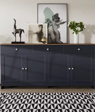 Grijs en Zwart Dressoir met Houtnerf – 160 cm – 4 Deuren en 3 Laden – Landelijke Stijl