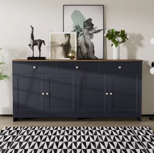 Grijs en Zwart Dressoir met Houtnerf – 160 cm – 4 Deuren en 3 Laden – Landelijke Stijl