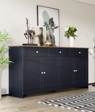 Grijs en Zwart Dressoir met Houtnerf – 160 cm – 4 Deuren en 3 Laden – Landelijke Stijl