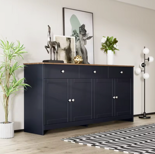 Grijs en Zwart Dressoir met Houtnerf – 160 cm – 4 Deuren en 3 Laden – Landelijke Stijl