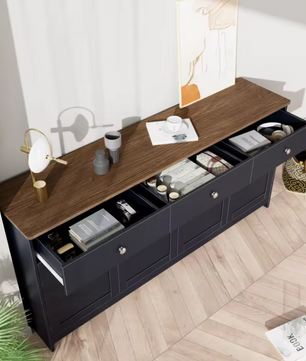 Grijs en Zwart Dressoir met Houtnerf – 160 cm – 4 Deuren en 3 Laden – Landelijke Stijl