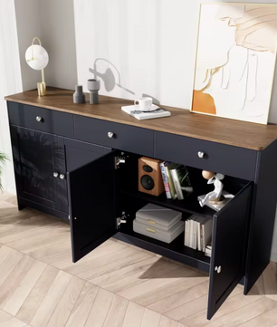 Grijs en Zwart Dressoir met Houtnerf – 160 cm – 4 Deuren en 3 Laden – Landelijke Stijl