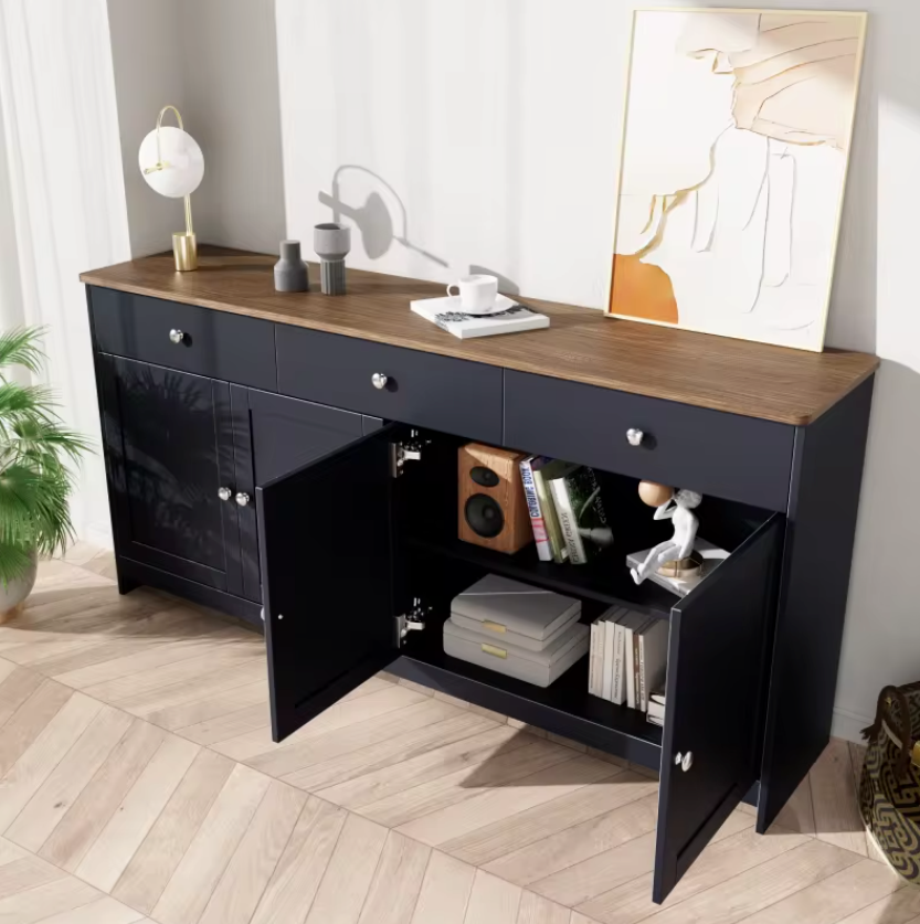 Grijs en Zwart Dressoir met Houtnerf – 160 cm – 4 Deuren en 3 Laden – Landelijke Stijl
