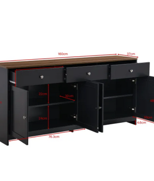 Grijs en Zwart Dressoir met Houtnerf – 160 cm – 4 Deuren en 3 Laden – Landelijke Stijl