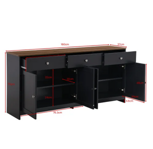 Grijs en Zwart Dressoir met Houtnerf – 160 cm – 4 Deuren en 3 Laden – Landelijke Stijl