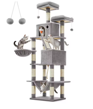 Grote Krabpaal voor Katten – XXL Kattenboom 206 cm Hoog met 13 Krabpilaren, 2 Grotten, Mand, Hangmat en Speelballen