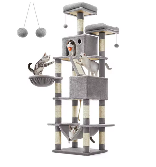 Grote Krabpaal voor Katten – XXL Kattenboom 206 cm Hoog met 13 Krabpilaren, 2 Grotten, Mand, Hangmat en Speelballen