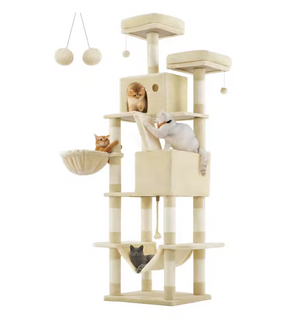 Grote Krabpaal voor Katten – XXL Kattenboom 206 cm Hoog met 13 Krabpilaren, 2 Grotten, Mand, Hangmat en Speelballen
