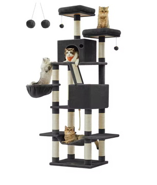 Grote Krabpaal voor Katten – XXL Kattenboom 206 cm Hoog met 13 Krabpilaren, 2 Grotten, Mand, Hangmat en Speelballen
