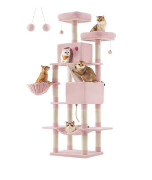 Grote Krabpaal voor Katten – XXL Kattenboom 206 cm Hoog met 13 Krabpilaren, 2 Grotten, Mand, Hangmat en Speelballen
