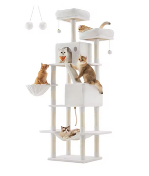 Grote Krabpaal voor Katten – XXL Kattenboom 206 cm Hoog met 13 Krabpilaren, 2 Grotten, Mand, Hangmat en Speelballen