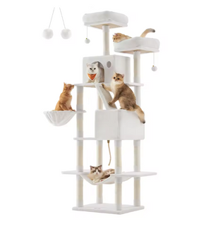 Grote Krabpaal voor Katten – XXL Kattenboom 206 cm Hoog met 13 Krabpilaren, 2 Grotten, Mand, Hangmat en Speelballen