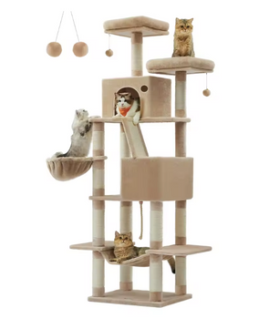 Grote Krabpaal voor Katten – XXL Kattenboom 206 cm Hoog met 13 Krabpilaren, 2 Grotten, Mand, Hangmat en Speelballen