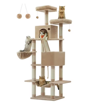 Grote Krabpaal voor Katten – XXL Kattenboom 206 cm Hoog met 13 Krabpilaren, 2 Grotten, Mand, Hangmat en Speelballen
