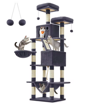 Grote Krabpaal voor Katten – XXL Kattenboom 206 cm Hoog met 13 Krabpilaren, 2 Grotten, Mand, Hangmat en Speelballen