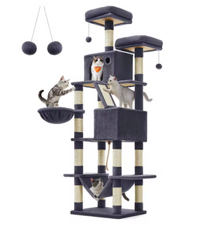 Grote Krabpaal voor Katten – XXL Kattenboom 206 cm Hoog met 13 Krabpilaren, 2 Grotten, Mand, Hangmat en Speelballen