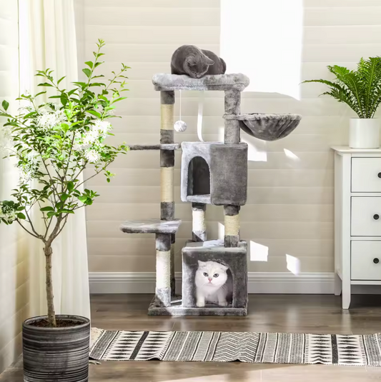 Coco Krabpaal / Kattenboom – 120 cm Hoog met 2 Knuffelgrotten, Pluche Uitkijkplatform en Kantelbeveiliging